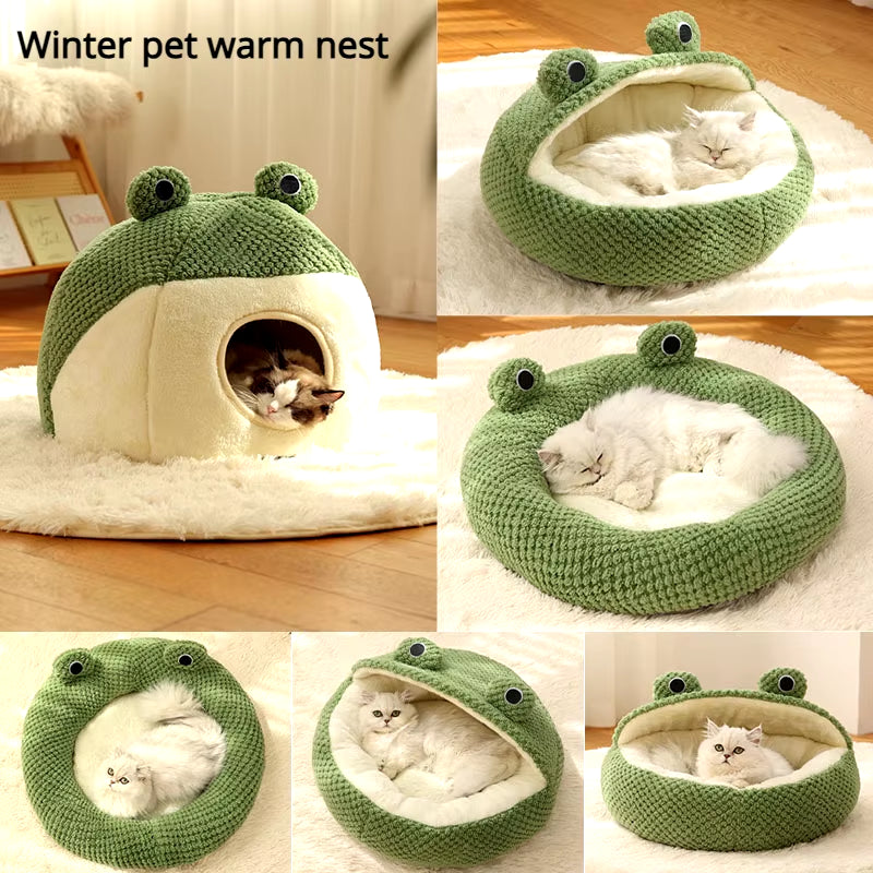 New Pet Nest Winter Warm Dog Den Cat Villa Plush Pets Mattress Small Frog Shape Semi Enclosed Kitten Puppy House Pet Supplies