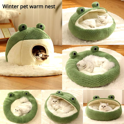 New Pet Nest Winter Warm Dog Den Cat Villa Plush Pets Mattress Small Frog Shape Semi Enclosed Kitten Puppy House Pet Supplies