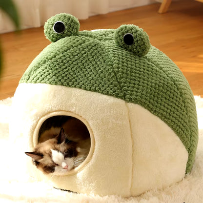 New Pet Nest Winter Warm Dog Den Cat Villa Plush Pets Mattress Small Frog Shape Semi Enclosed Kitten Puppy House Pet Supplies